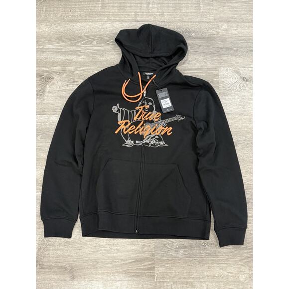 True Religion Men's Hoodie Sweater XL Black Orange Happy Buddha Logo NWT - Picture 1 of 6
